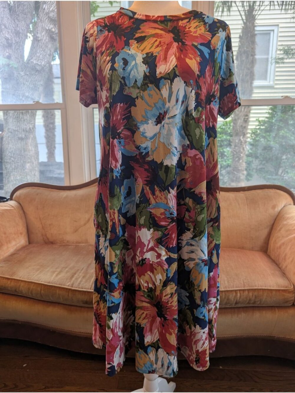 Honey & Lace Vibrant Colorful Floral Midi Dress Size M Soft Relaxed Lagenlook